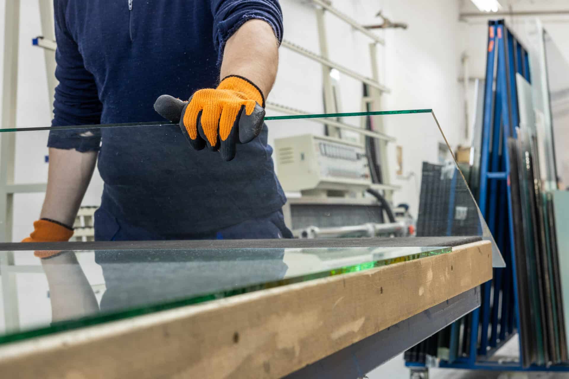 A Homeowner's Guide to Privacy Glass 8 - Angelo and Sons A glazier in a glass factory removes a large piece of glass from a table