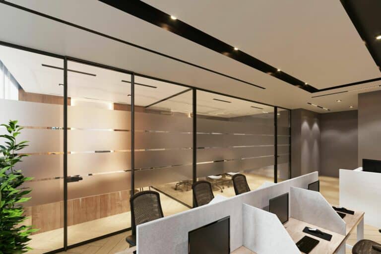 acid-etched glass wall in an office building